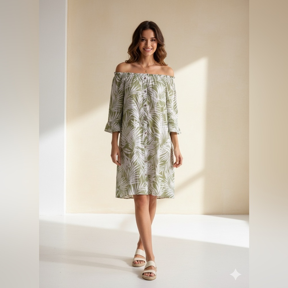 NAIF Olive and White Striped Off the Shoulder Dress